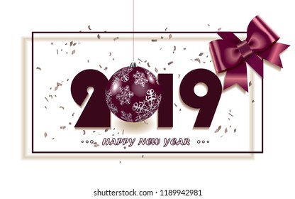 Happy New Year 2019 background with red gift bow,red Christmas decoration and beige confetti