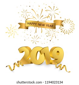 Happy New Year 2019 background. Greeting card design template gold confetti. Celebrate brochure or flyer.