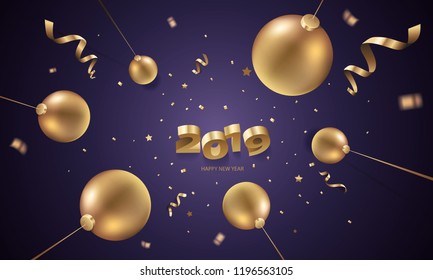 Happy New Year 2019 background with Christmas decoration and confetti.