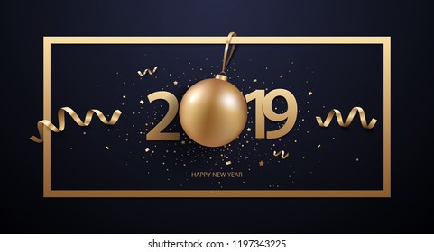 Happy New Year 2019 background with Christmas decoration and confetti.