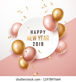 Happy New Year 2019 Background With Floating Party Balloons. Vector Illustration