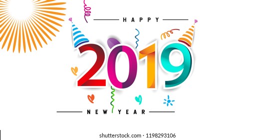 Happy New Year 2019 background decoration. Greeting card design template with colorful confetti. new year celebration