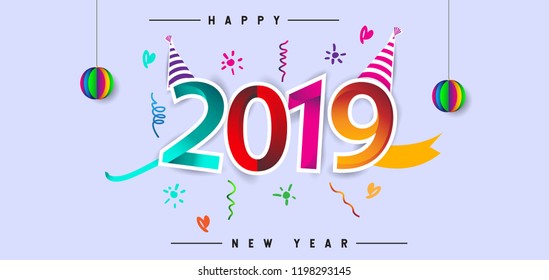 Happy New Year 2019 background decoration. Greeting card design template with colorful confetti. new year celebration