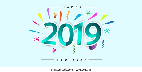 Happy New Year 2019 background decoration. Greeting card design template with colorful confetti. new year celebration