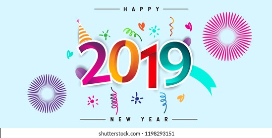 Happy New Year 2019 background decoration. Greeting card design template with colorful confetti. new year celebration