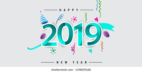 Happy New Year 2019 background decoration. Greeting card design template with colorful confetti. new year celebration
