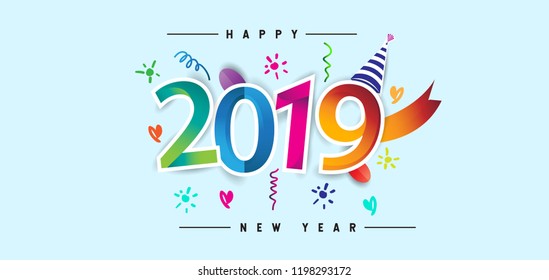 Happy New Year 2019 background decoration. Greeting card design template with colorful confetti. new year celebration
