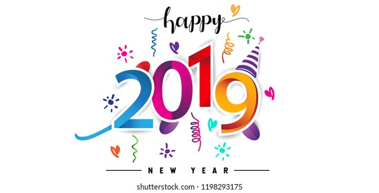 Happy New Year 2019 background decoration. Greeting card design template with colorful confetti. new year celebration
