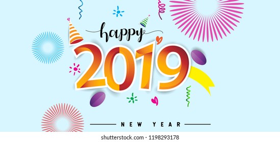 Happy New Year 2019 background decoration. Greeting card design template with colorful confetti. new year celebration