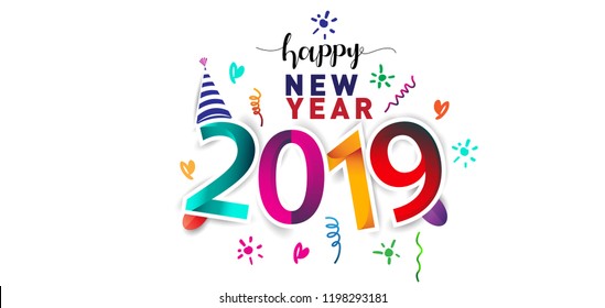 Happy New Year 2019 background decoration. Greeting card design template with colorful confetti. new year celebration