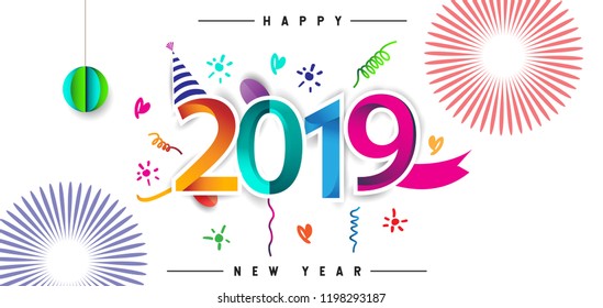Happy New Year 2019 background decoration. Greeting card design template with colorful confetti. new year celebration
