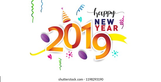 Happy New Year 2019 background decoration. Greeting card design template with colorful confetti. new year celebration