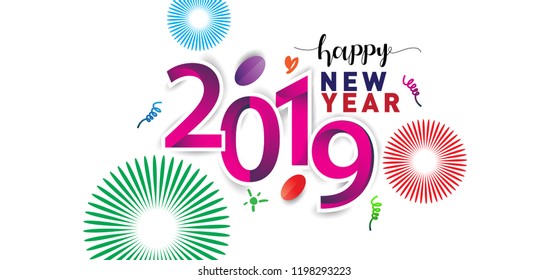 Happy New Year 2019 background decoration. Greeting card design template with colorful confetti. new year celebration