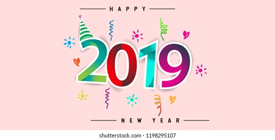 Happy New Year 2019 background decoration. Greeting card design template with colorful confetti. new year celebration