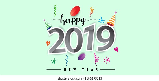 Happy New Year 2019 background decoration. Greeting card design template with colorful confetti. new year celebration