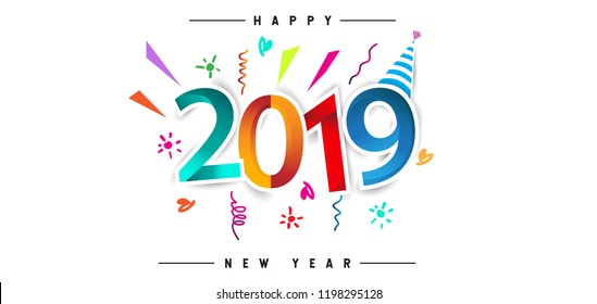 Happy New Year 2019 background decoration. Greeting card design template with colorful confetti. new year celebration