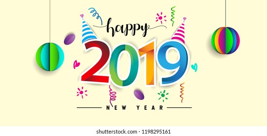 Happy New Year 2019 background decoration. Greeting card design template with colorful confetti. new year celebration