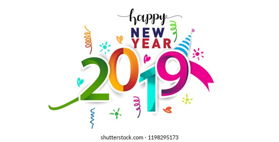 Happy New Year 2019 background decoration. Greeting card design template with colorful confetti. new year celebration