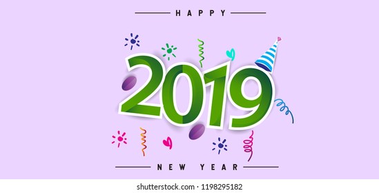 Happy New Year 2019 background decoration. Greeting card design template with colorful confetti. new year celebration