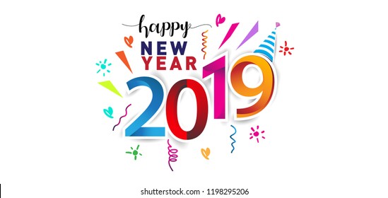 Happy New Year 2019 background decoration. Greeting card design template with colorful confetti. new year celebration