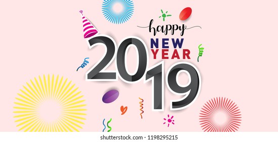 Happy New Year 2019 background decoration. Greeting card design template with colorful confetti. new year celebration