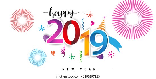 Happy New Year 2019 background decoration. Greeting card design template with colorful confetti. new year celebration
