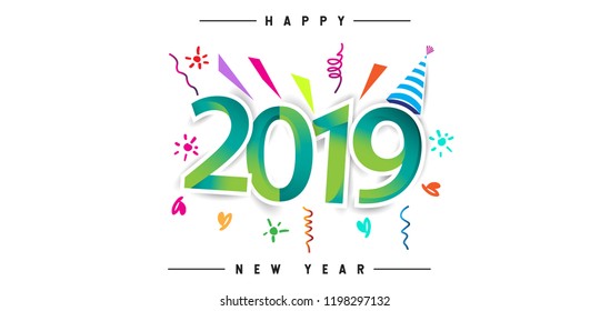 Happy New Year 2019 background decoration. Greeting card design template with colorful confetti. new year celebration