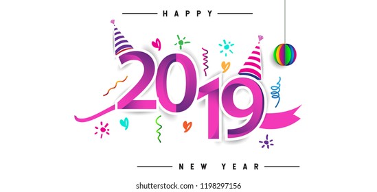 Happy New Year 2019 background decoration. Greeting card design template with colorful confetti. new year celebration