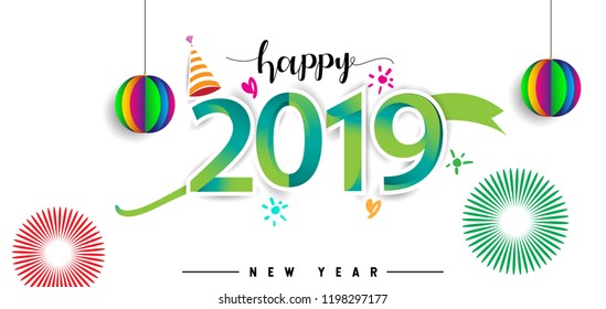 Happy New Year 2019 background decoration. Greeting card design template with colorful confetti. new year celebration