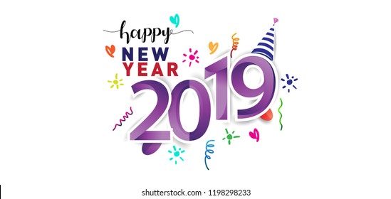 Happy New Year 2019 background decoration. Greeting card design template with colorful confetti. new year celebration
