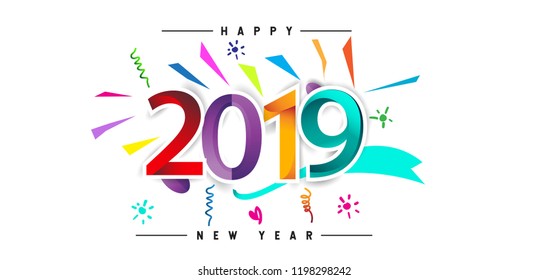 Happy New Year 2019 background decoration. Greeting card design template with colorful confetti. new year celebration