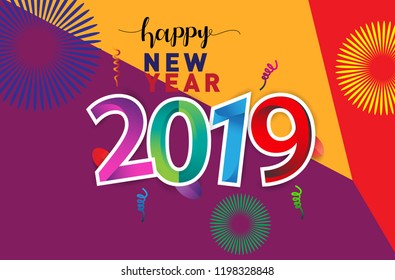Happy New Year 2019 background decoration. Greeting card design template with colorful confetti isolated on colorful geometric background
