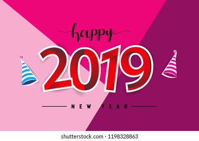 Happy New Year 2019 background decoration. Greeting card design template with colorful confetti isolated on colorful geometric background
