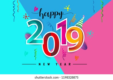 Happy New Year 2019 background decoration. Greeting card design template with colorful confetti isolated on colorful geometric background
