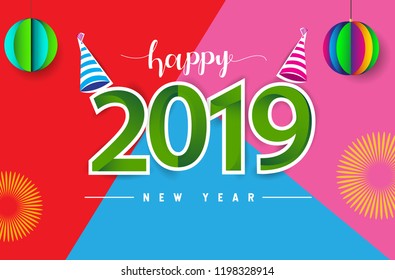 Happy New Year 2019 background decoration. Greeting card design template with colorful confetti isolated on colorful geometric background
