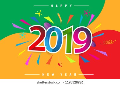 Happy New Year 2019 background decoration. Greeting card design template with colorful confetti isolated on colorful geometric background
