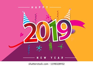 Happy New Year 2019 background decoration. Greeting card design template with colorful confetti isolated on colorful geometric background
