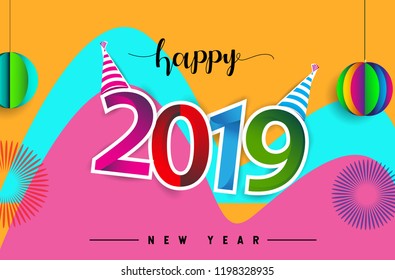 Happy New Year 2019 background decoration. Greeting card design template with colorful confetti isolated on colorful geometric background
