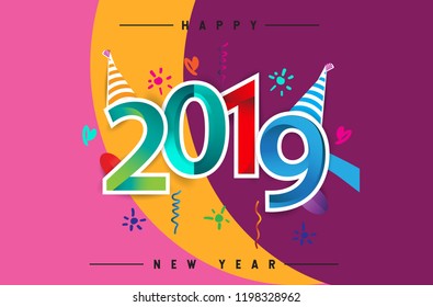 Happy New Year 2019 background decoration. Greeting card design template with colorful confetti isolated on colorful geometric background
