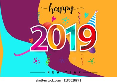 Happy New Year 2019 background decoration. Greeting card design template with colorful confetti isolated on colorful geometric background
