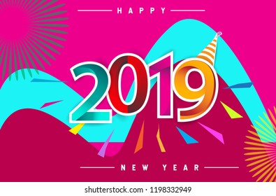 Happy New Year 2019 background decoration. Greeting card design template with colorful confetti isolated on colorful geometric background