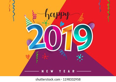 Happy New Year 2019 background decoration. Greeting card design template with colorful confetti isolated on colorful geometric background