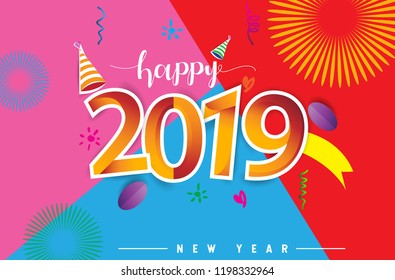 Happy New Year 2019 background decoration. Greeting card design template with colorful confetti isolated on colorful geometric background