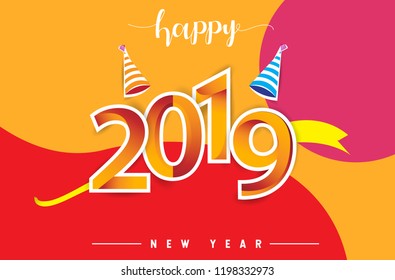 Happy New Year 2019 background decoration. Greeting card design template with colorful confetti isolated on colorful geometric background