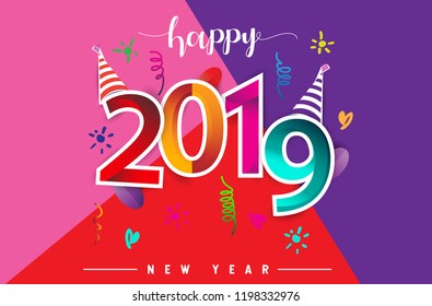 Happy New Year 2019 background decoration. Greeting card design template with colorful confetti isolated on colorful geometric background