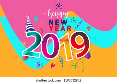 Happy New Year 2019 background decoration. Greeting card design template with colorful confetti isolated on colorful geometric background