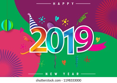 Happy New Year 2019 background decoration. Greeting card design template with colorful confetti isolated on colorful geometric background