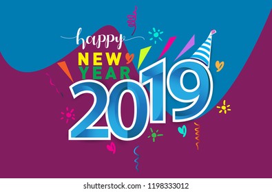 Happy New Year 2019 background decoration. Greeting card design template with colorful confetti isolated on colorful geometric background