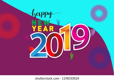 Happy New Year 2019 background decoration. Greeting card design template with colorful confetti isolated on colorful geometric background