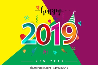 Happy New Year 2019 background decoration. Greeting card design template with colorful confetti isolated on colorful geometric background